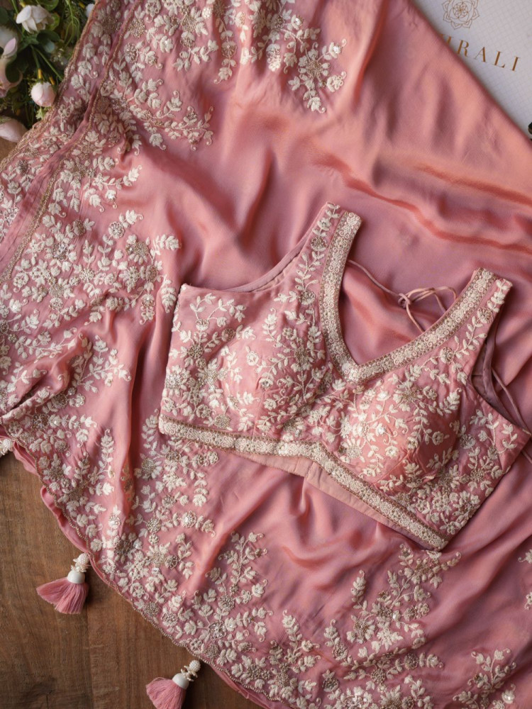 Image of Velmira Pink Embroidered Saree with Heavy Thread Work and Readymade Blouse