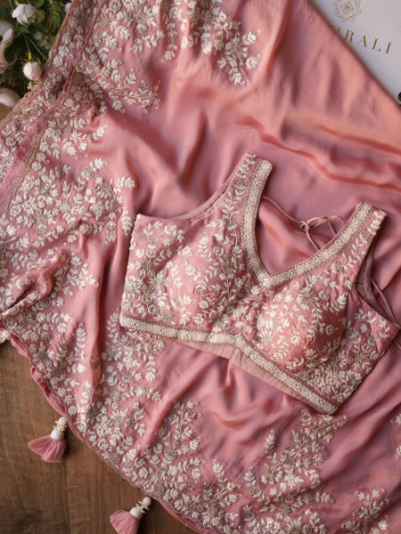 Velmira Pink Embroidered Saree with Heavy Thread Work and Readymade Blouse