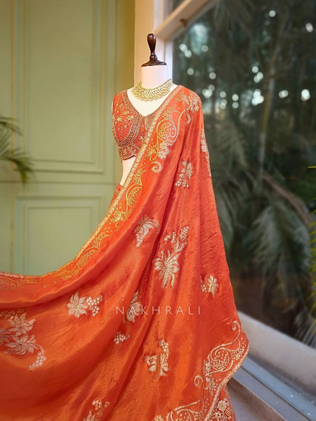 Kesarika Orange Zari Lehenga with Sequin Floral Work