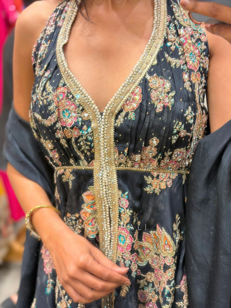 Wamika Black Floral Flared Suit Set with Zari Work