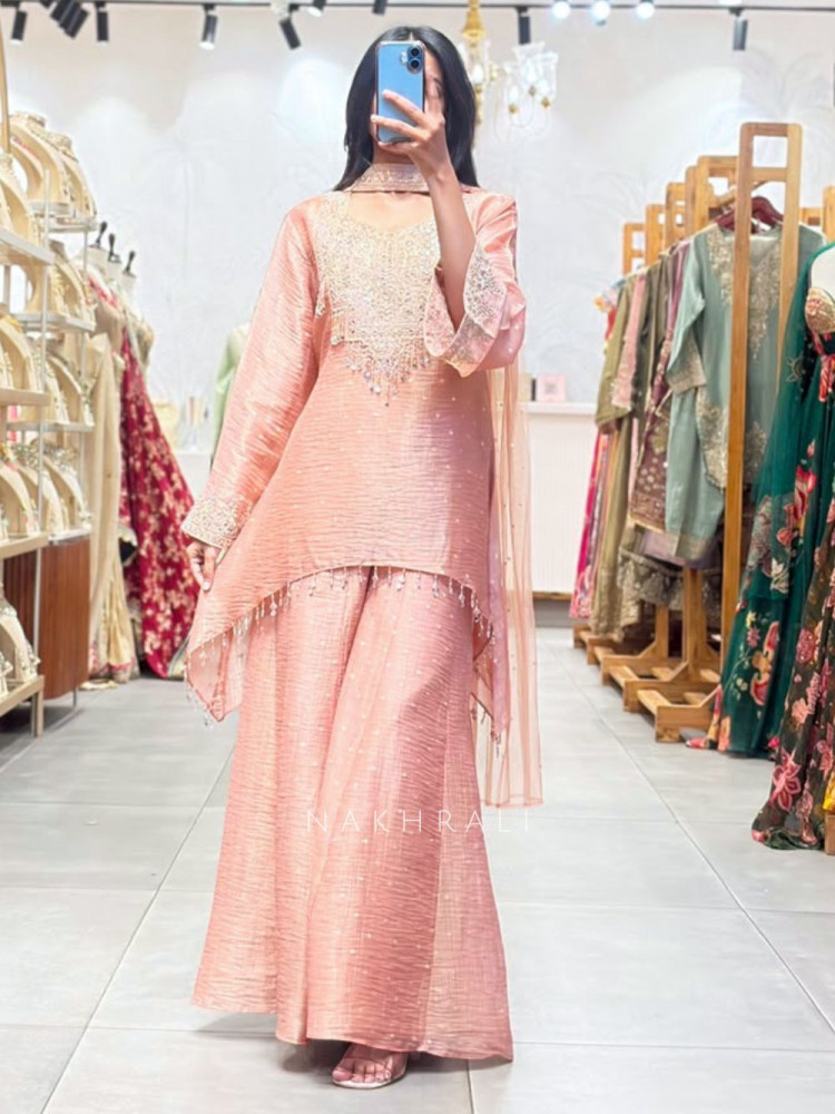 Image of Celia Pink Indo Western Suit Set with Embroidered Neck