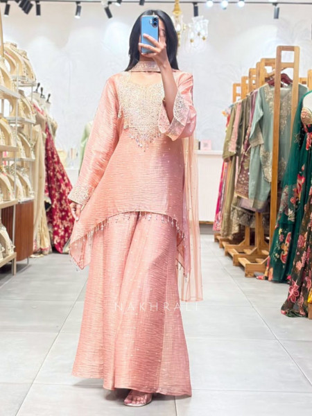 Celia Pink Indo Western Suit Set with Embroidered Neck