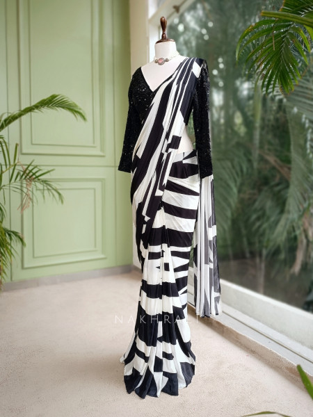 Fashion Frame Black and White Drape Saree with Sequin Embroidered Blouse