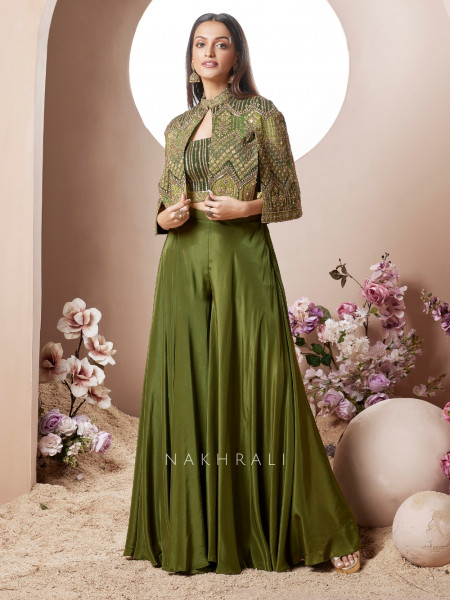Sage Storm Green Crop Top Palazzo Set with Jacket Sage Storm Green Crop Top Palazzo Set with Jacket