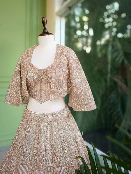 Celestique Beige Embroidered Jacket Lehenga