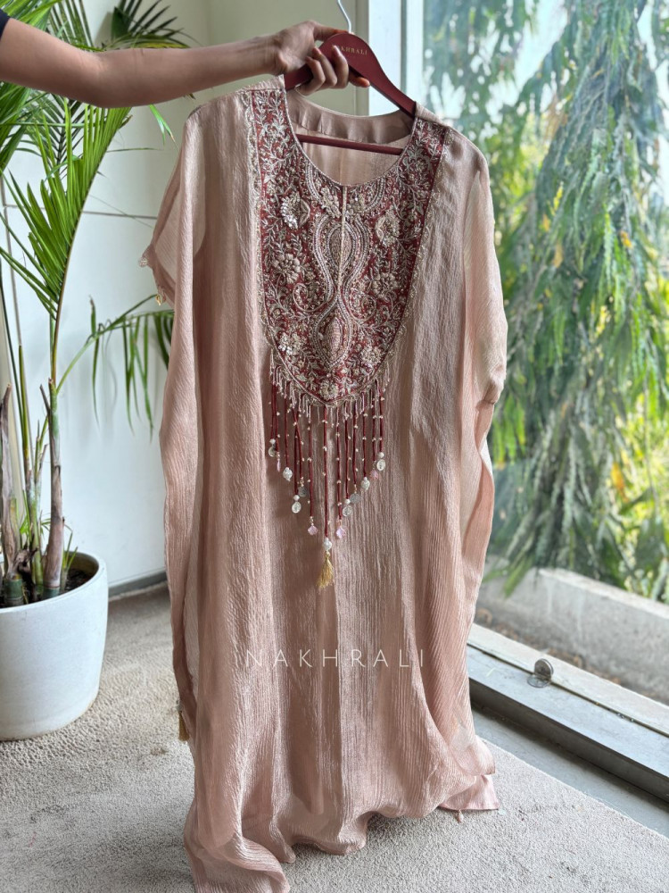 Image of Taruni Blush Kaftan Kurta Set with Zari and Cut Dana Work