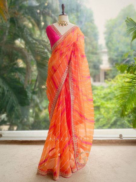 Noor Orange Leheriya Saree with Gota Patti Work