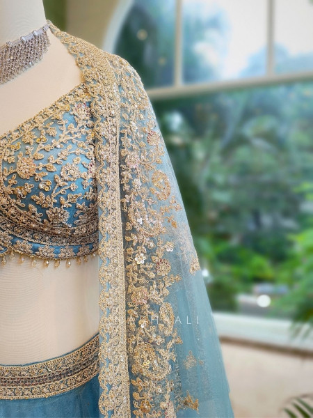 Celeste Blue Net Lehenga with Zari & Sequin Work Blouse