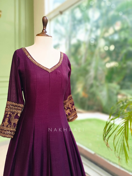 Yashvika Wine Raw Silk  Anarkali Suit Set