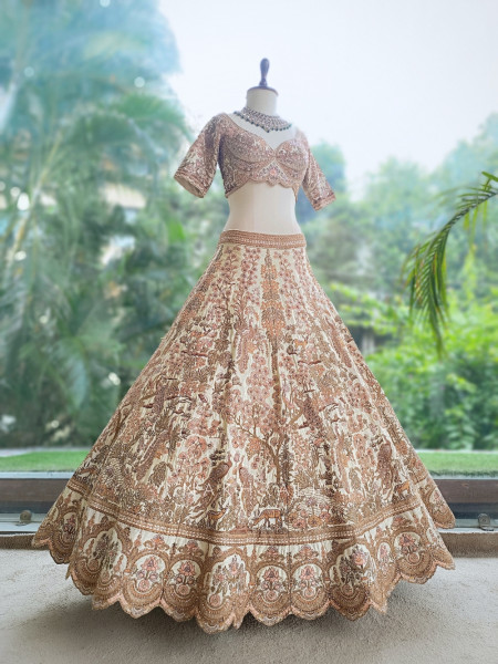 Darbar Antique Cream Dupion Silk Bridal Lehenga