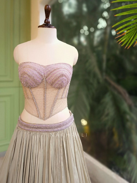 Brivelle Ivory Net Corset Lehenga Set with Sequin Cape