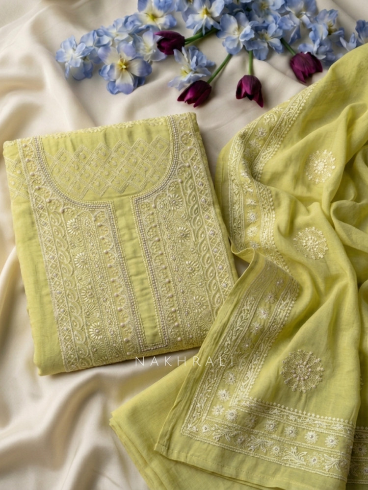 Image of Avarna Parrot Green Pearl Beads Embroidered Dress Material