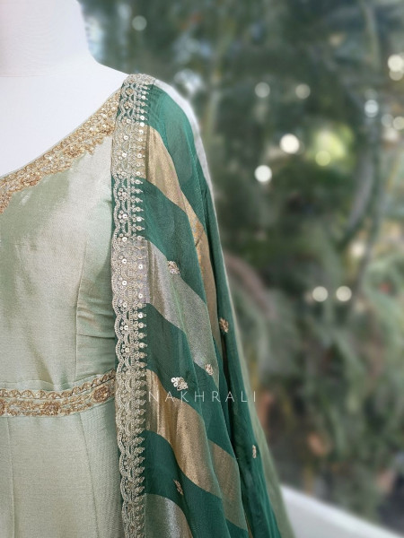 Virelle Green Silk Anarkali Suit Set with Zari and Sequin Work