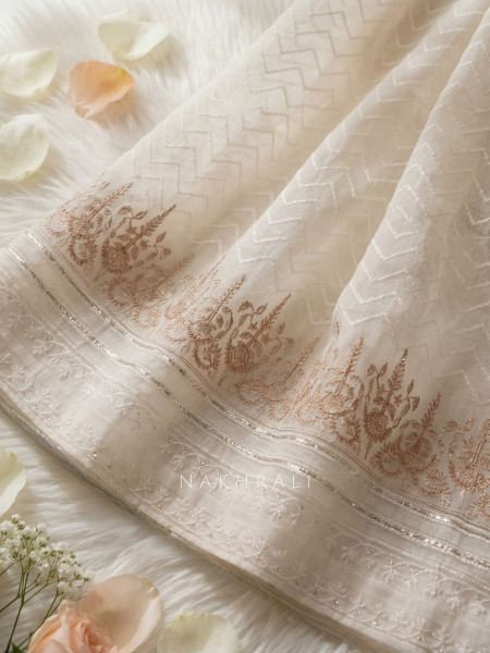 Clarivelle Cream Floral Printed Dress Material with Thread Embroidery