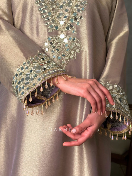 Aks Lavender Tissue Suit Set with Mirror Zari Work