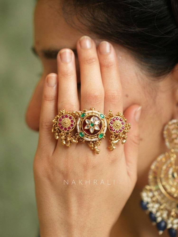 Image of Tansira Golden Statement Ring with Kundan and Stone Work