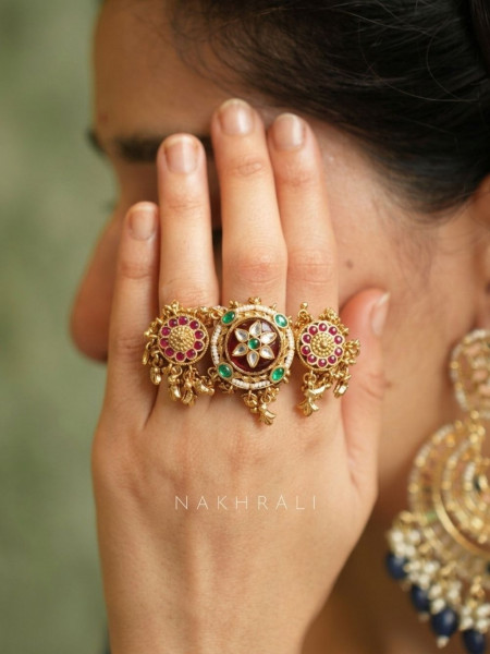 Tansira Golden Statement Ring with Kundan and Stone Work