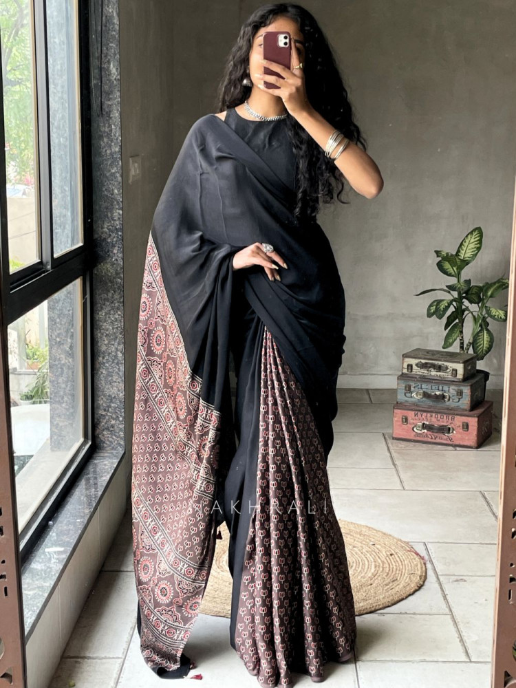 Image of Kairav Brown Black Modal Block Print  Saree