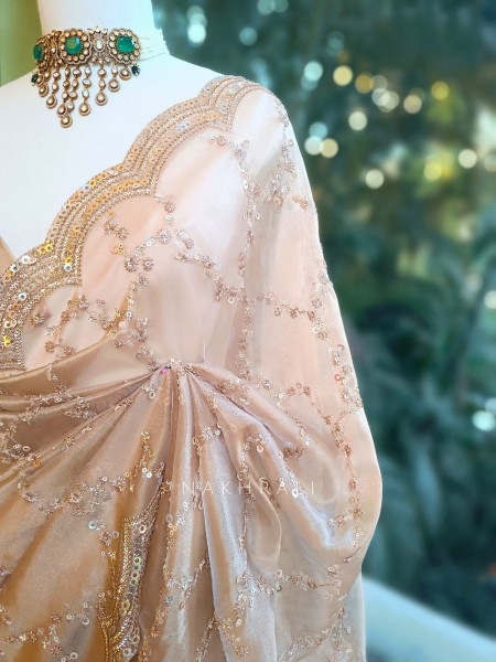 Warm Allure Brown Tissue Saree with Sequin and Cut Dana Work