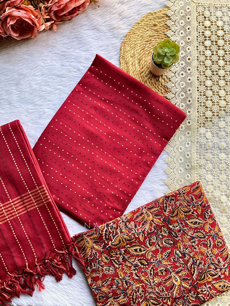 Image of Vaira Red Cotton Printed Dress Material