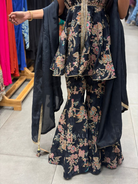 Wamika Black Floral Flared Suit Set with Zari Work