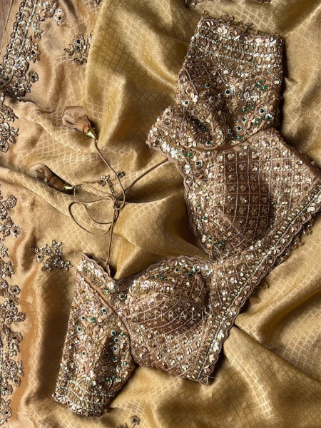 Gilded Ivy Golden Saree with Readymade Blouse  With Zardozi, Sequin & Moti Work