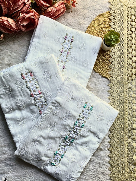 Elira Blue Cotton Dress Material with Handworked Neckline