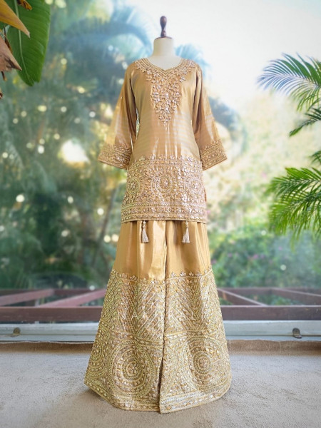 Suhasini Gold Kurta Palazzo Set with Zari Stone Work