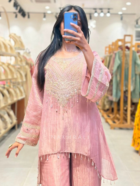 Livia Pink Indo Western Suit Set with Embroidered Neck Detail