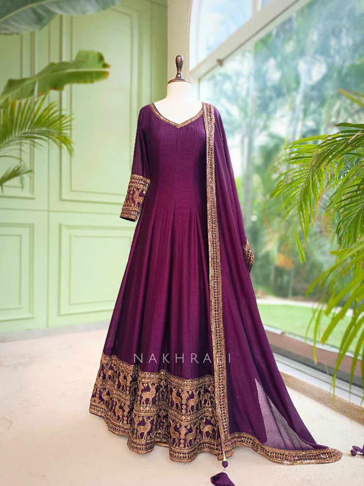 Image of Yashvika Wine Raw Silk  Anarkali Suit Set