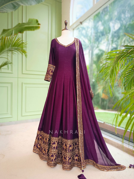 Yashvika Wine Raw Silk  Anarkali Suit Set