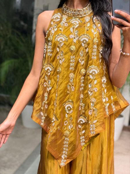 Sun-Drenched Mehndi Green  Crushed Metallic Tissue Silk Indo-Western Palazzo Set