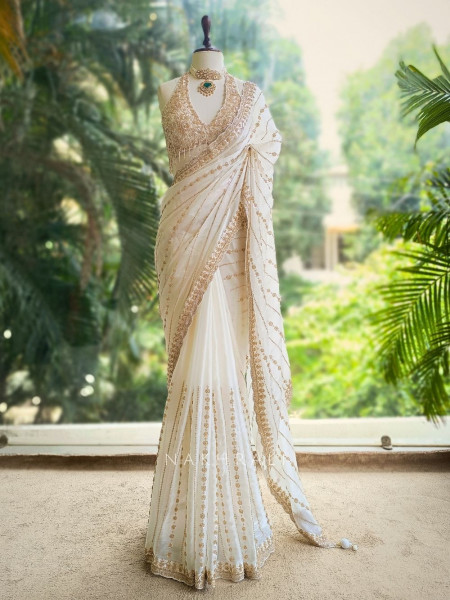 Serenya Ivory Tissue Organza Saree with Sequin & Cut Dana Work