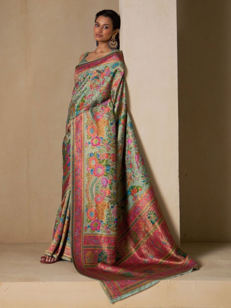 Gulmohar Green Dola Silk Saree with Intricate Weave