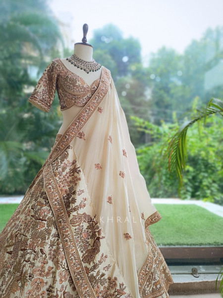 Darbar Antique Cream Dupion Silk Bridal Lehenga