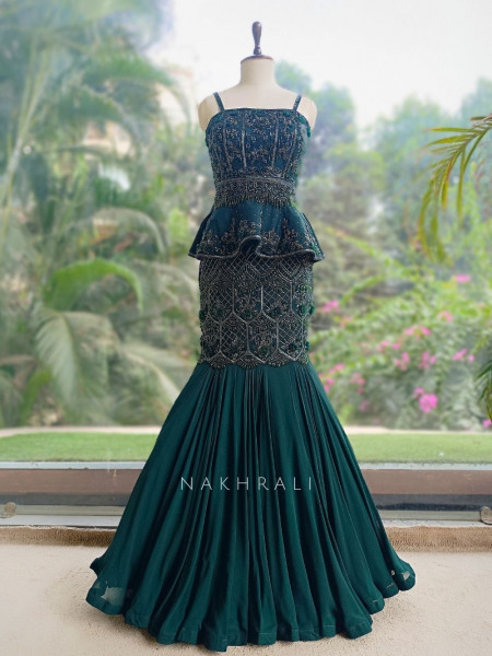Viridian Green Indo-Western Mermaid Lehenga Set with Cutdana & Bead Work