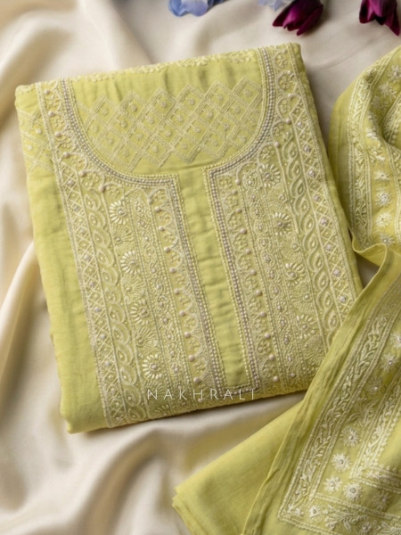 Avarna Parrot Green Pearl Beads Embroidered Dress Material