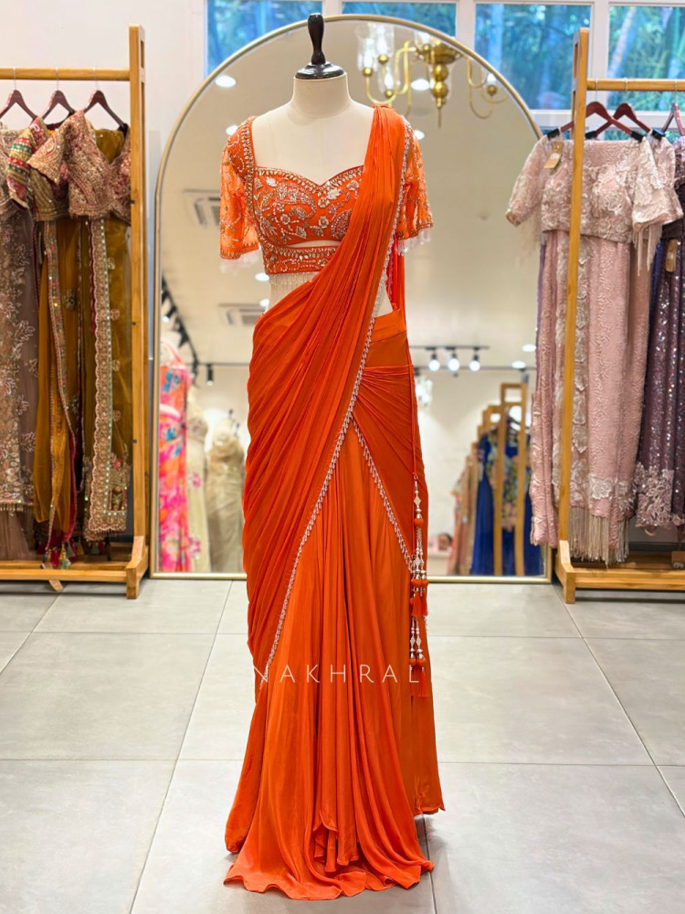 Image of Aarini Orange Embroidered Drape Skirt Set
