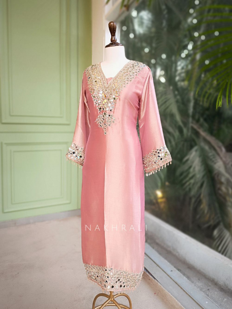 Image of Aks Pink Tissue Suit Set with Mirror Zari Work