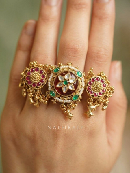 Tansira Golden Statement Ring with Kundan and Stone Work