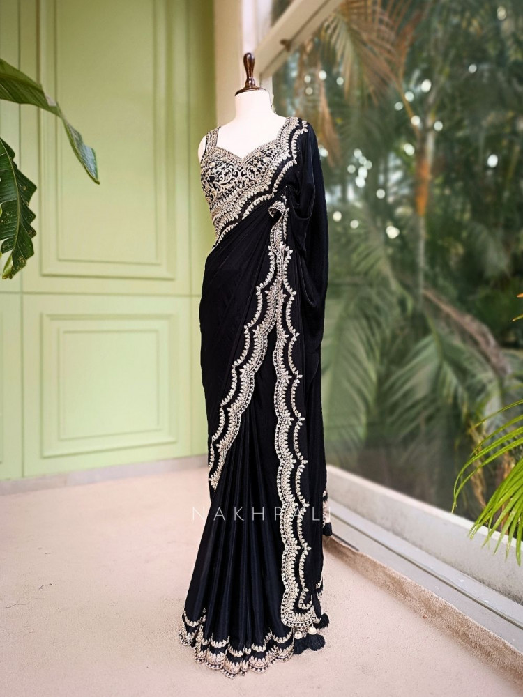 Image of Myraea Thread and Sequin Embroidered Saree with Readymade Blouse