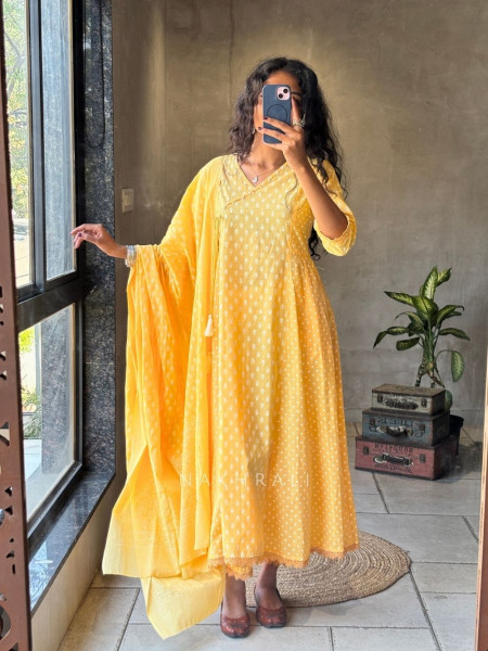 Halo Yellow Cotton Angrakha Suit Set with Printed Dupatta