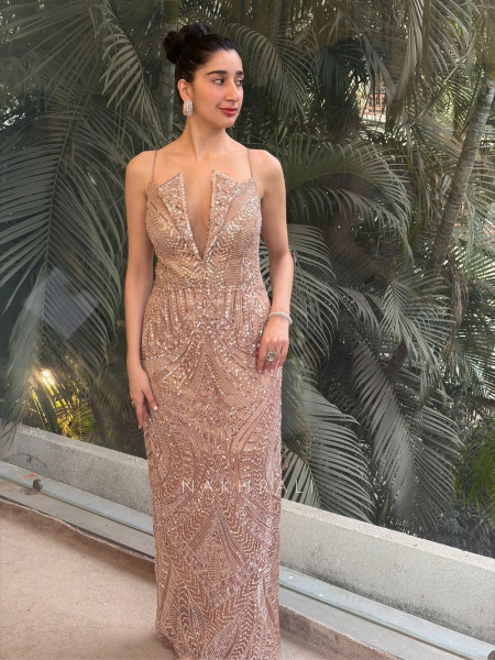 Celestine Beige Evening Gown with Sequin and Cut Dana Work