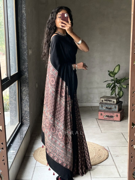 Kairav Brown Black Modal Block Print  Saree