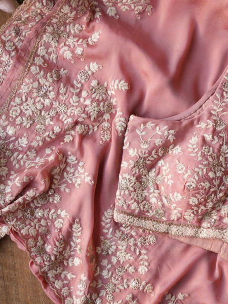 Velmira Pink Embroidered Saree with Heavy Thread Work and Readymade Blouse