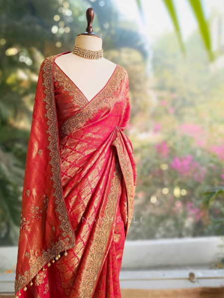 Vedika Red Kanjivaram Saree with Zari and Sequin Border