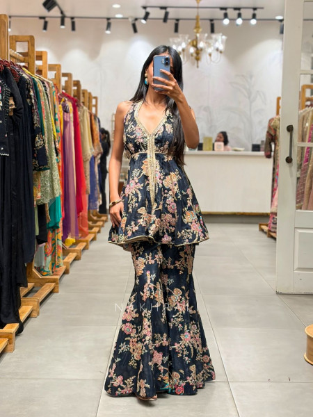 Wamika Black Floral Flared Suit Set with Zari Work