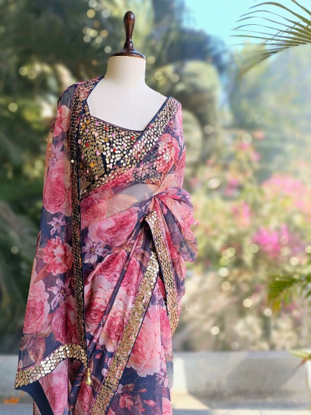 Virel Purple Saree with Floral Print and Sequin Blouse