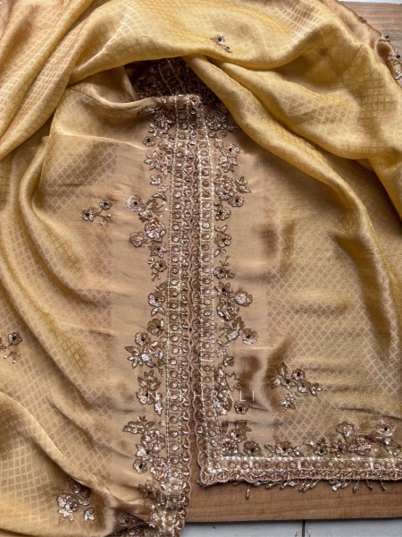 Gilded Ivy Golden Saree with Readymade Blouse  With Zardozi, Sequin & Moti Work