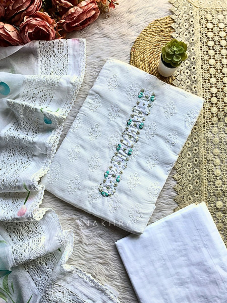 Elira Blue Cotton Dress Material with Handworked Neckline